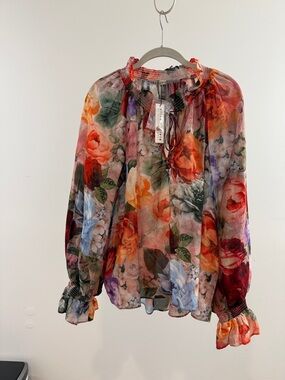 Alice + Olivia Sheer Floral Peasant Blouse - Multicolor Rose Print